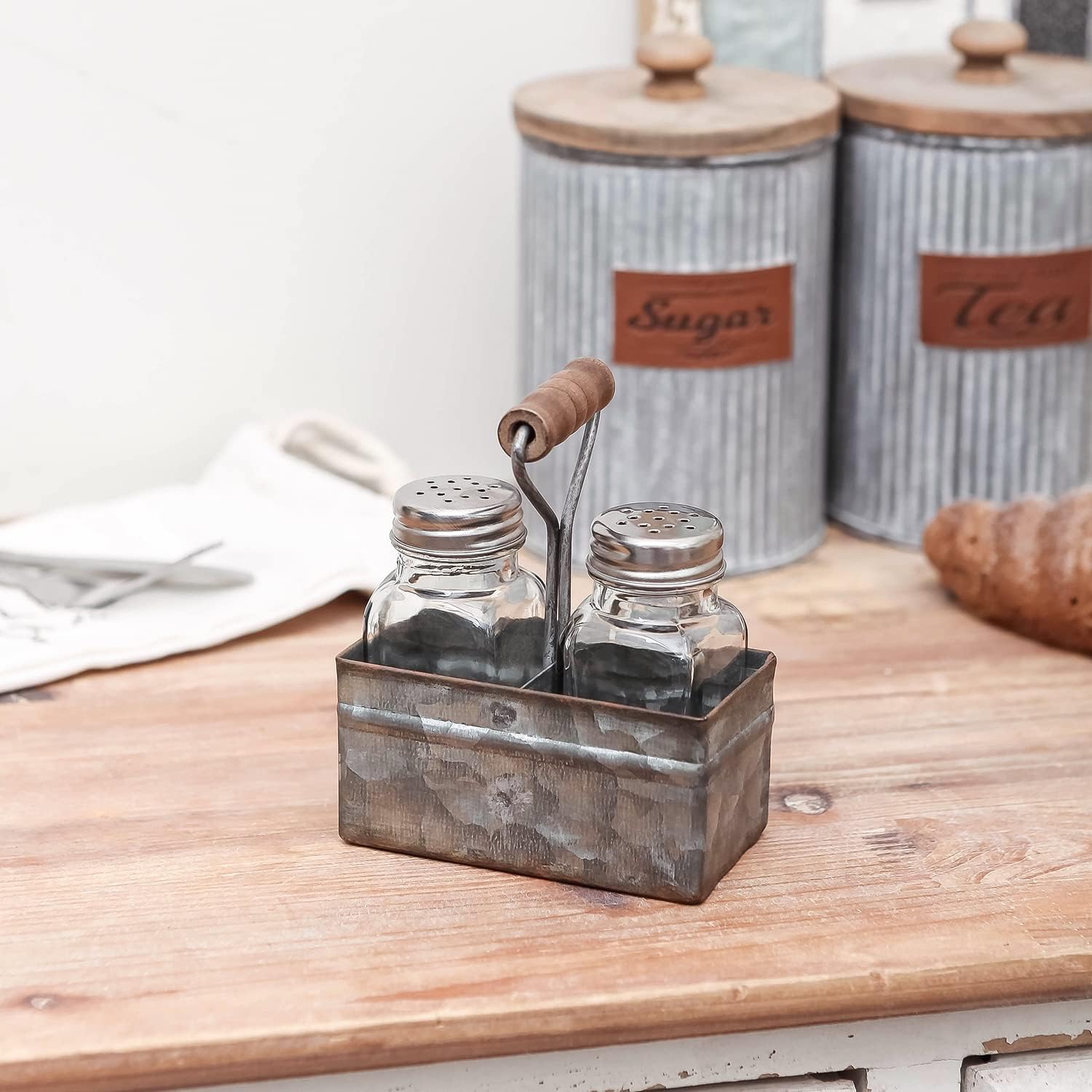 Rustic Salt Pepper Shakers Set with Holder