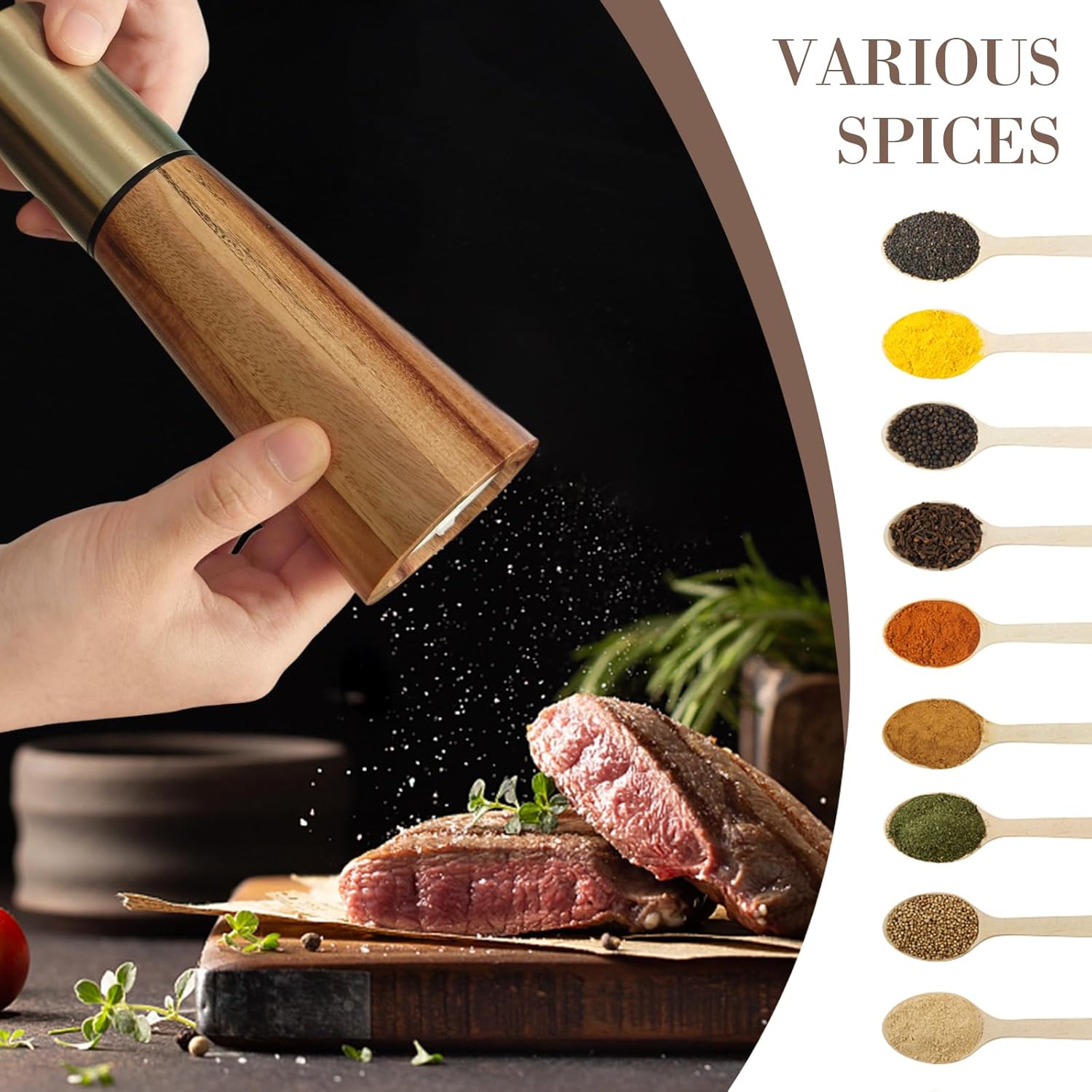 Gold and Acacia Wood Salt and Pepper Grinder Set