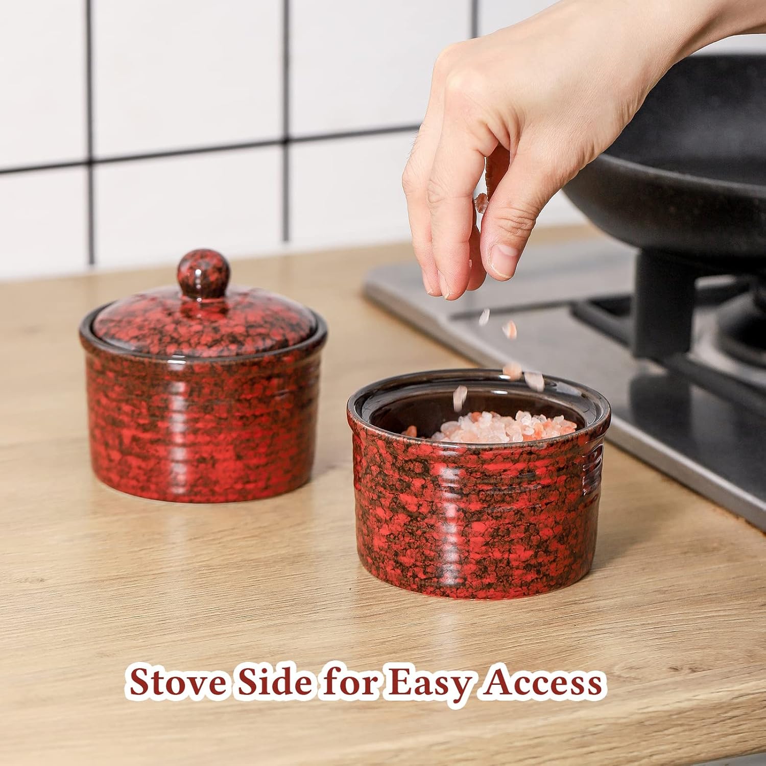 Hasense Salt Cellar Set of 2 Red Ceramic with Lid