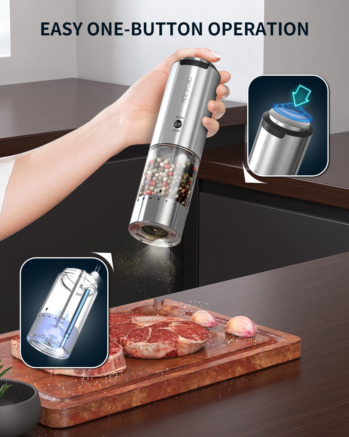 Stylish Stainless Steel Electric Pepper Grinder with Variable Speed White Light