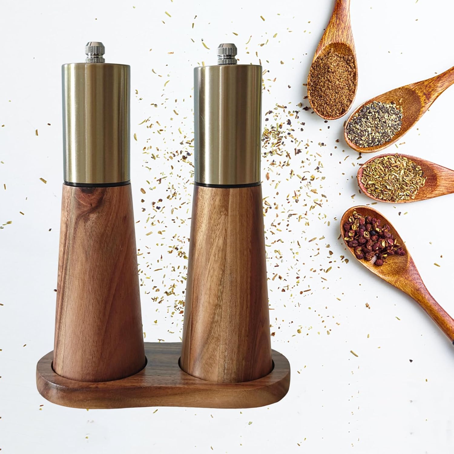 Gold and Acacia Wood Salt and Pepper Grinder Set