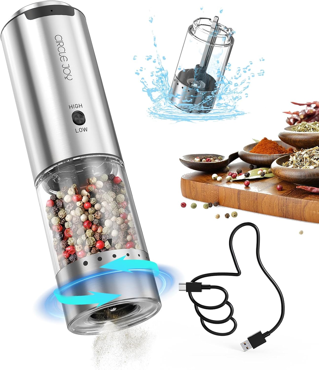 Stylish Stainless Steel Electric Pepper Grinder with Variable Speed White Light
