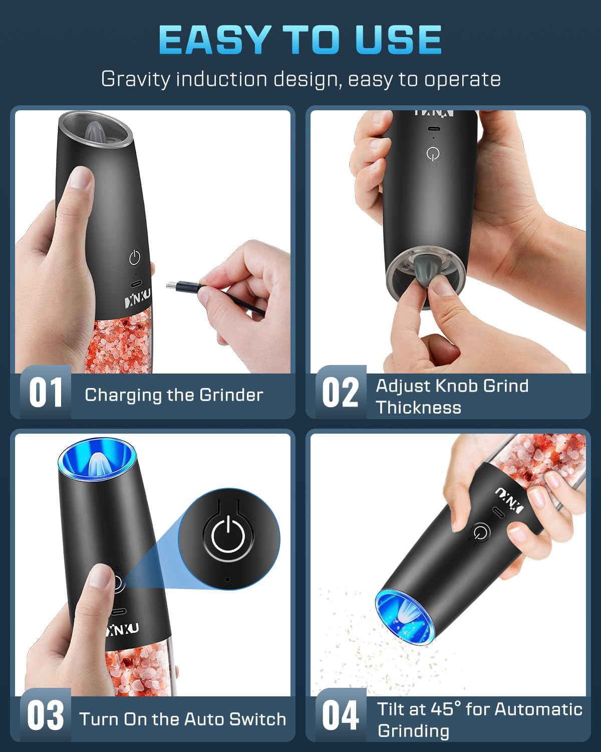 Reusable Electric Pepper Salt Grinder Set w LED Light