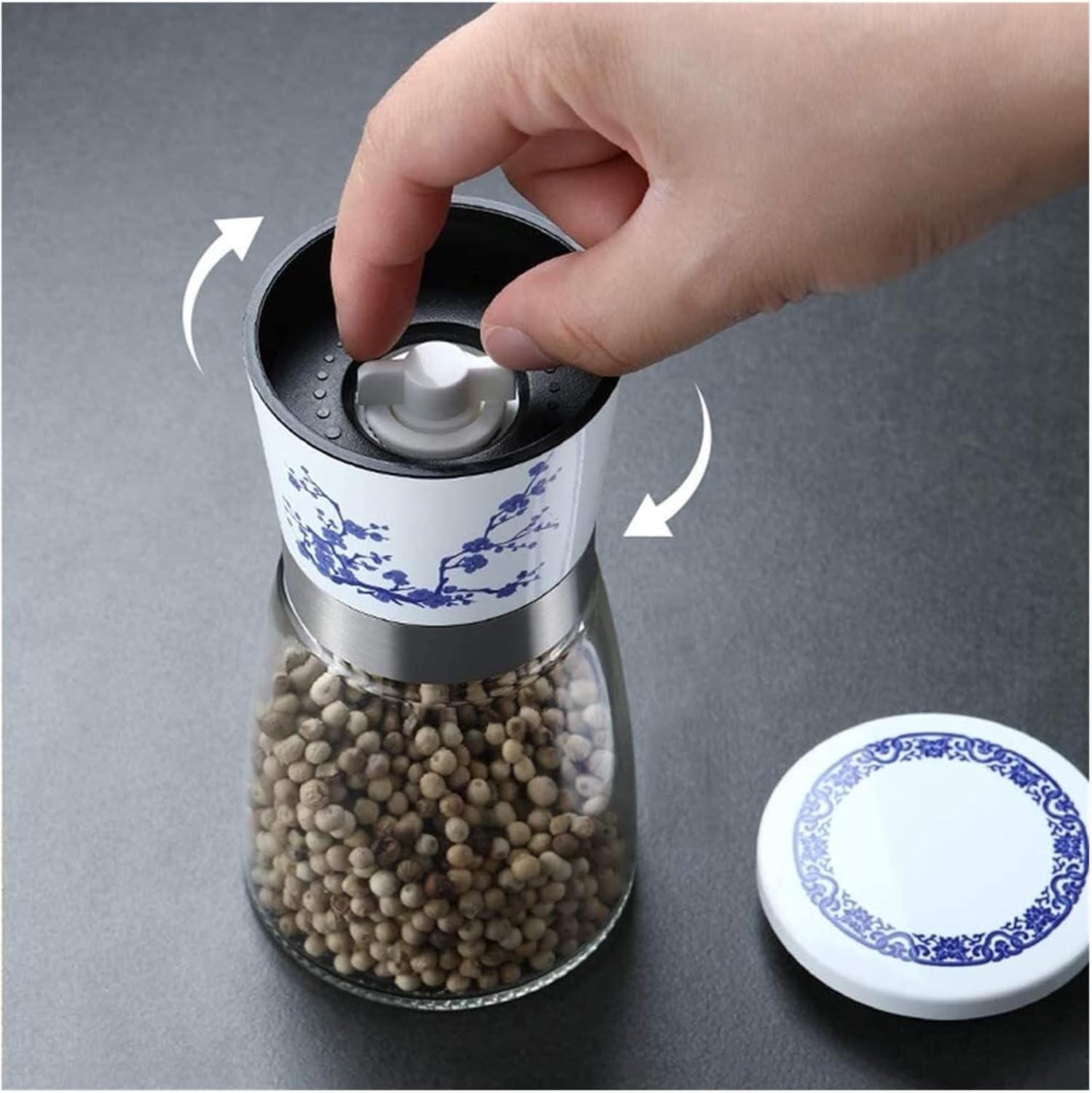 Refillable Salt Pepper Mill Set in Blue White Design for Kitchen Living