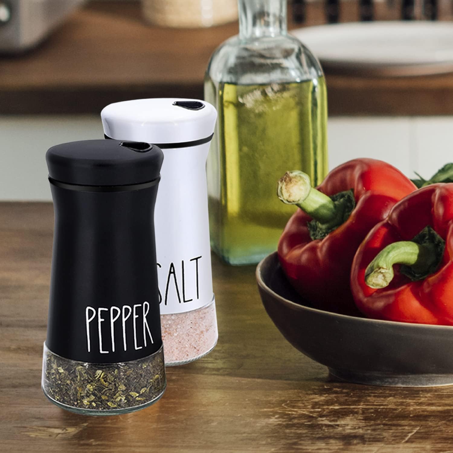Aelga Adjustable Salt and Pepper Shakers 3 Settings for Farmhouse Grit