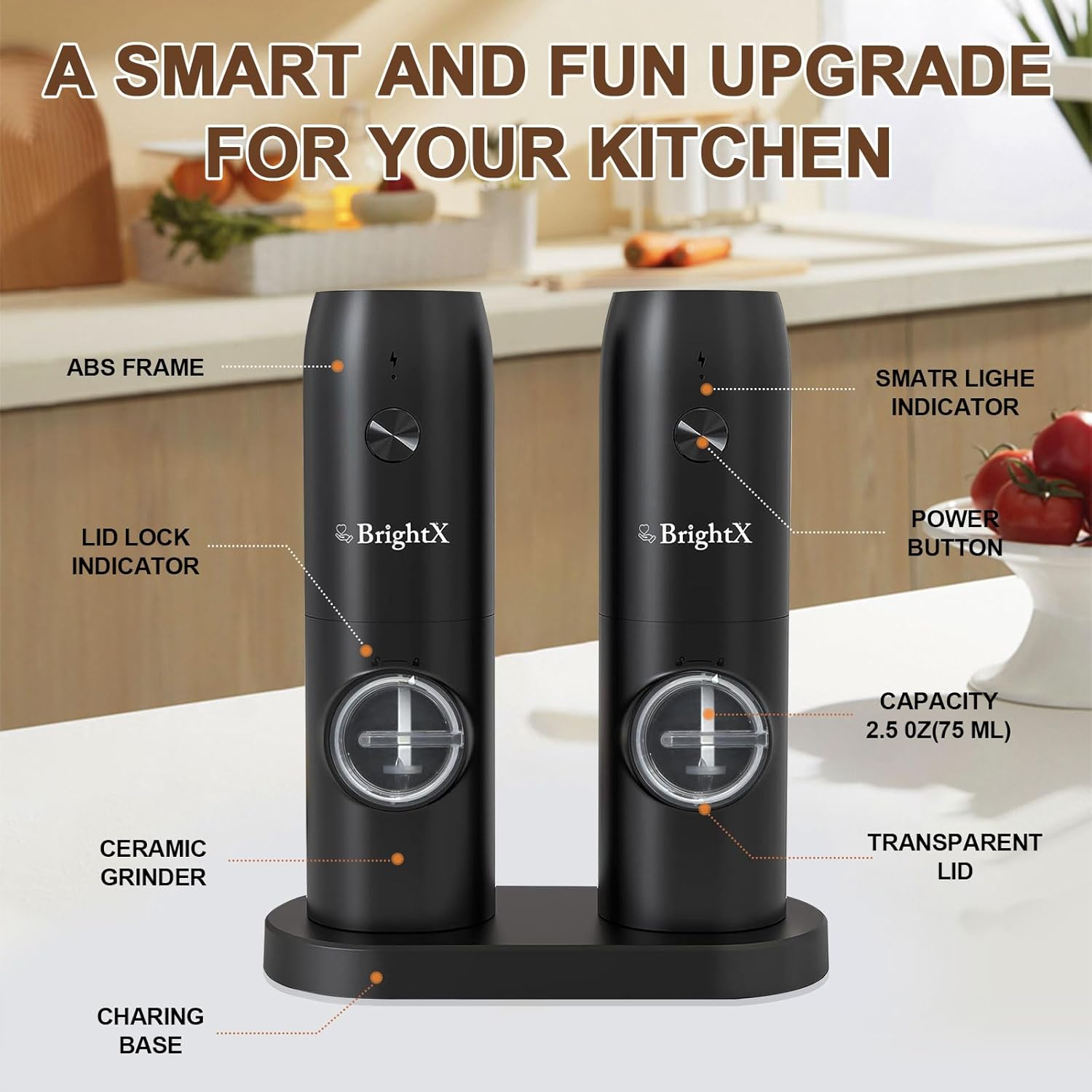 Premium Electric Salt and Pepper Grinder Set USB Rechargeable Automatic Spice Mills