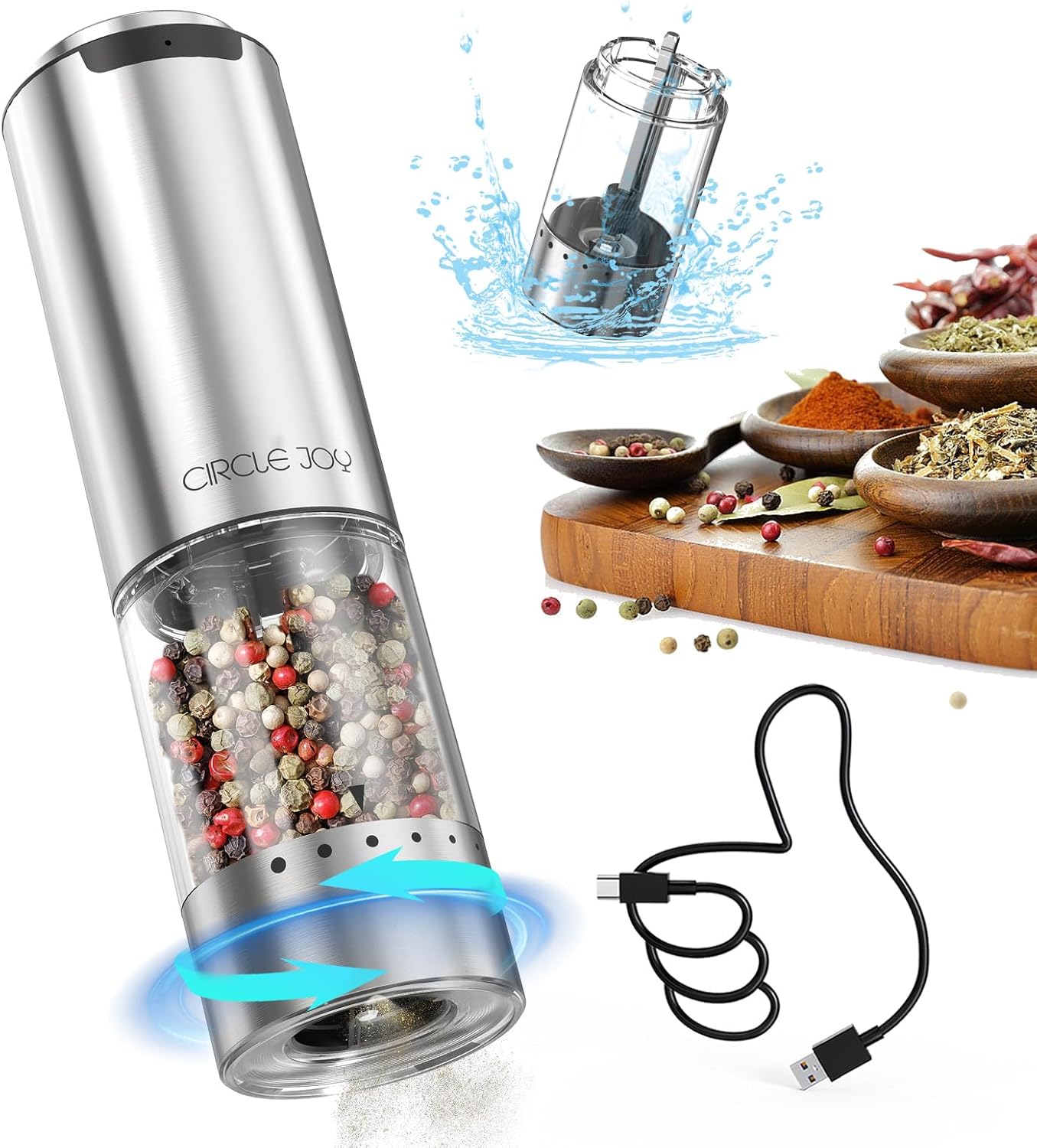 CIRCLE JOY electric pepper grinder stainless steel reusable LED light multi-spice 95ml