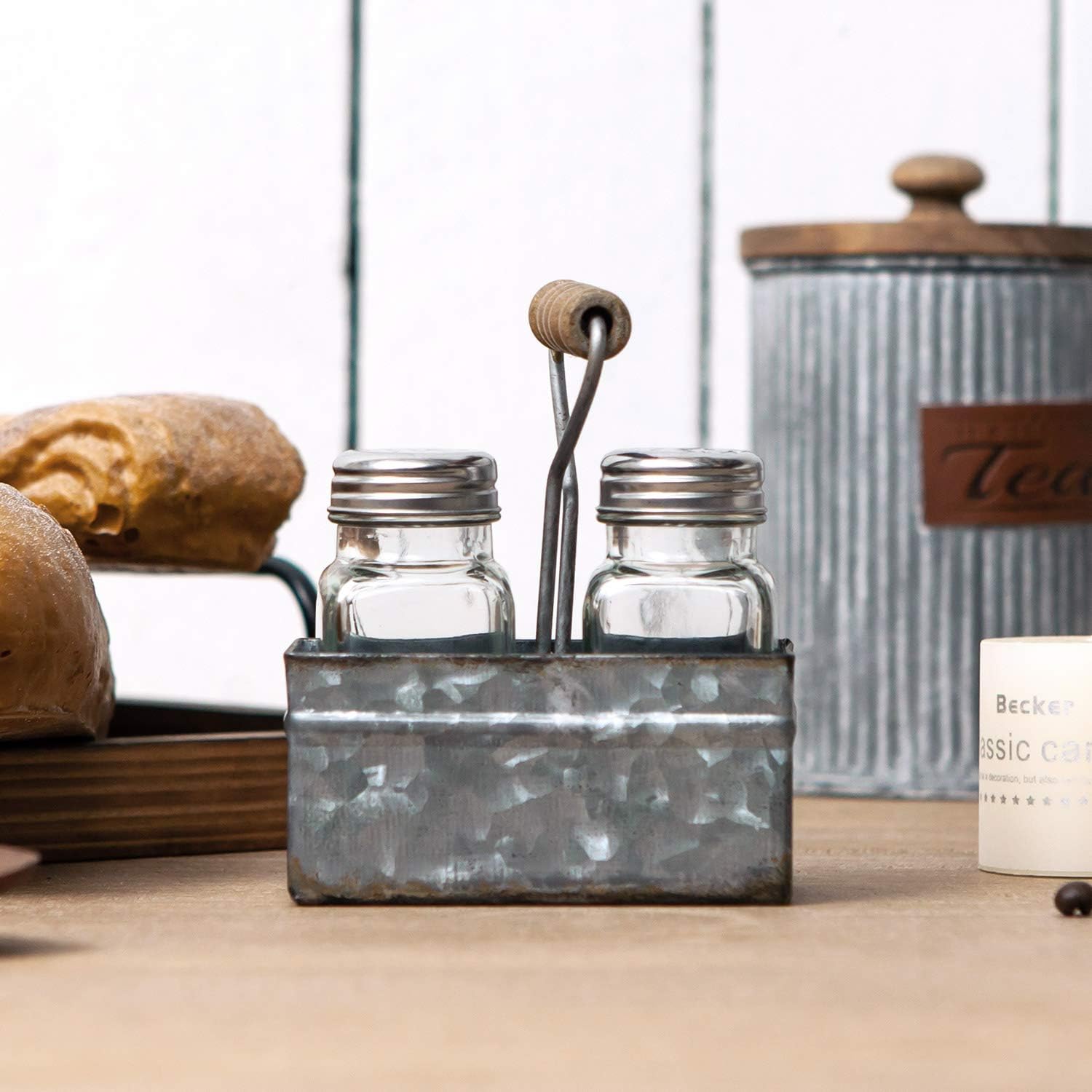 Rustic Salt Pepper Shakers Set with Holder