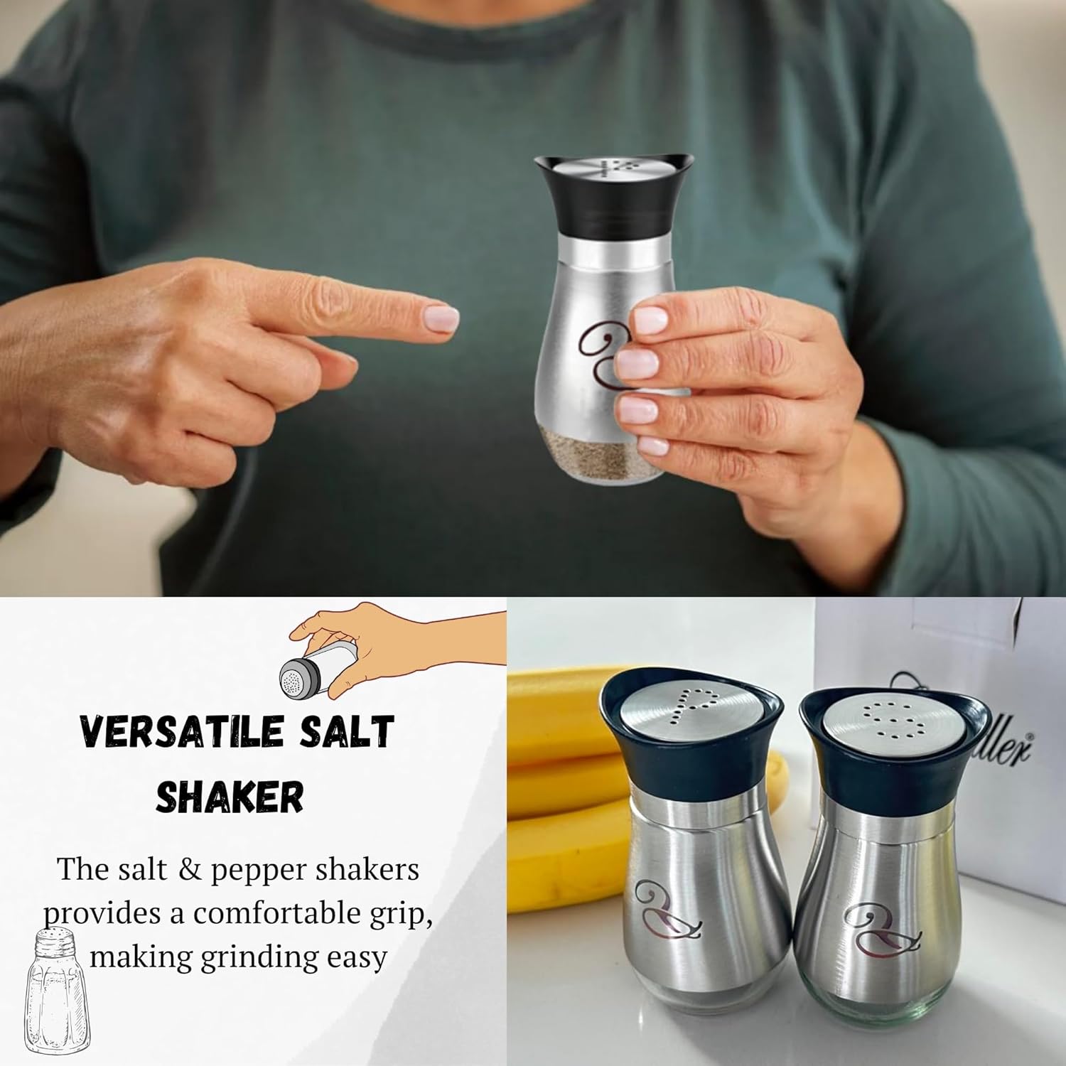 Chandler Salt and Pepper Set Stainless Steel Lid 4-ounce Glass Bottom