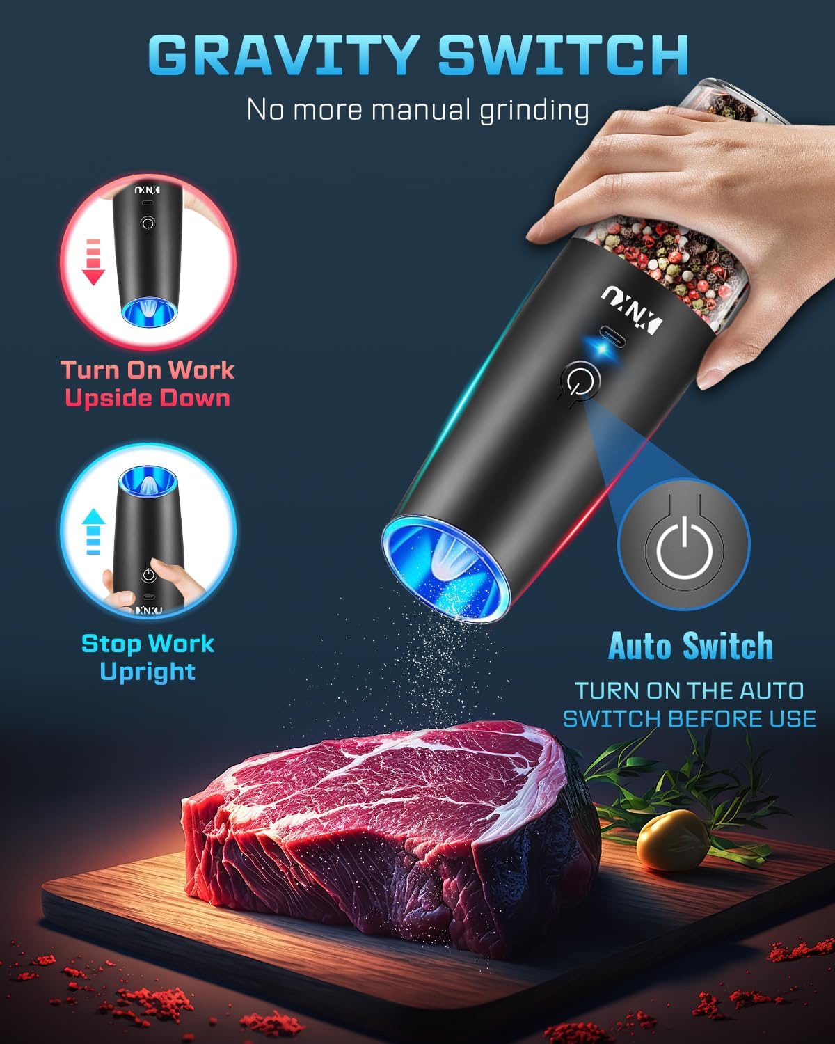 Reusable Electric Pepper Salt Grinder Set w LED Light