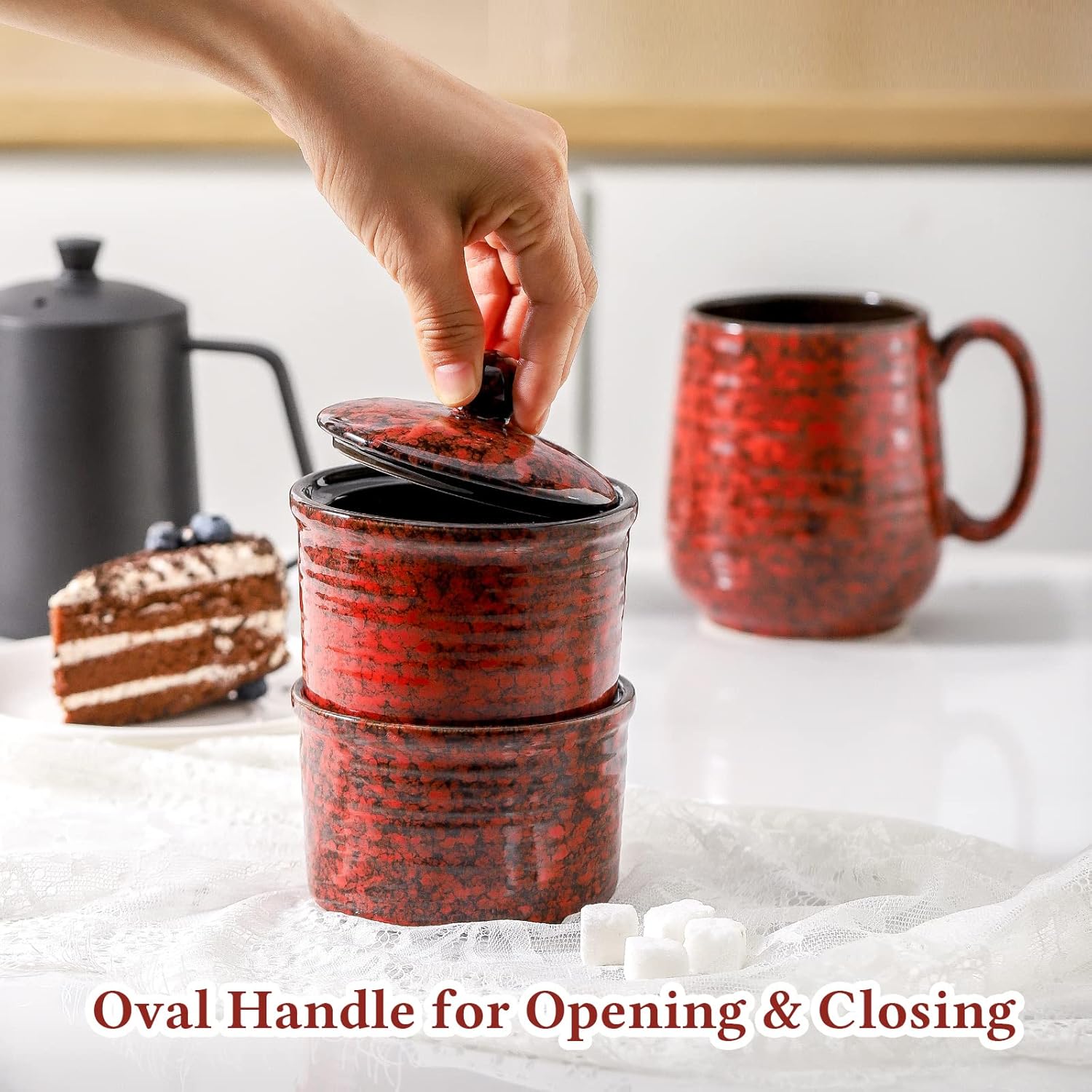 Hasense Salt Cellar Set of 2 Red Ceramic with Lid