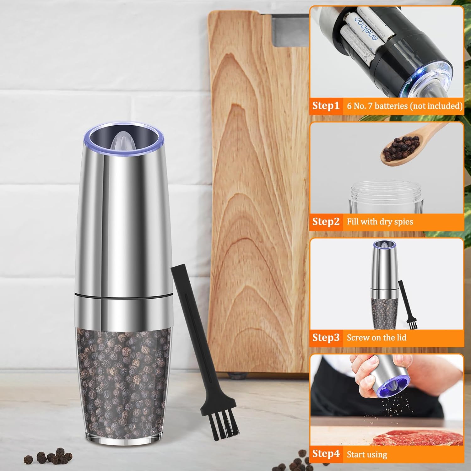 Stainless Steel Electric Salt Grinder with LED Light