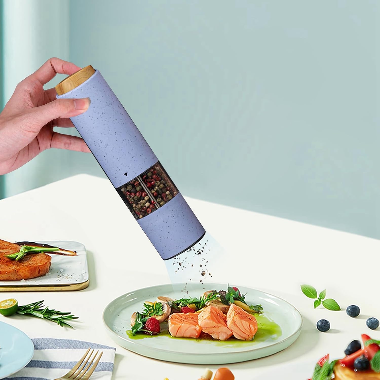 WANGJIAOID Electric Pepper Mill with LED Light Battery Powered Adjustable Coarseness