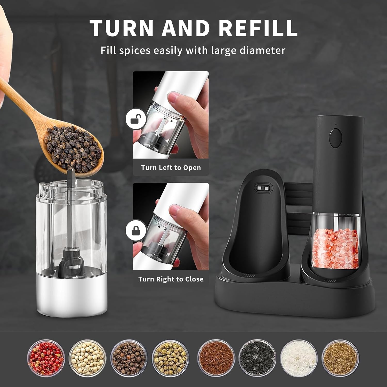 Haomacro Electric Salt Pepper Grinder Set with LED Light 5 Coarseness Levels Rechargeable