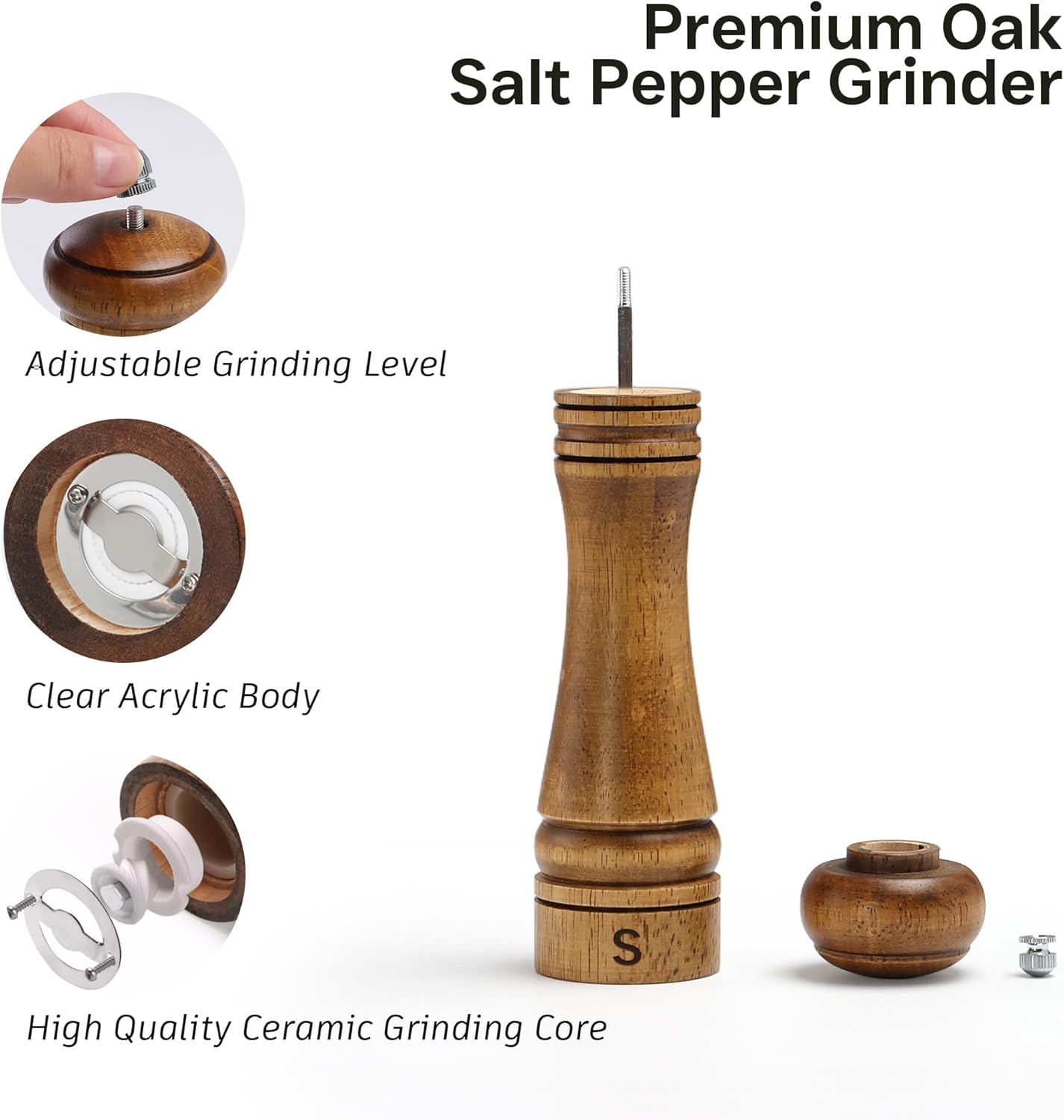 Premium Oak Wood Salt and Pepper Grinders Set