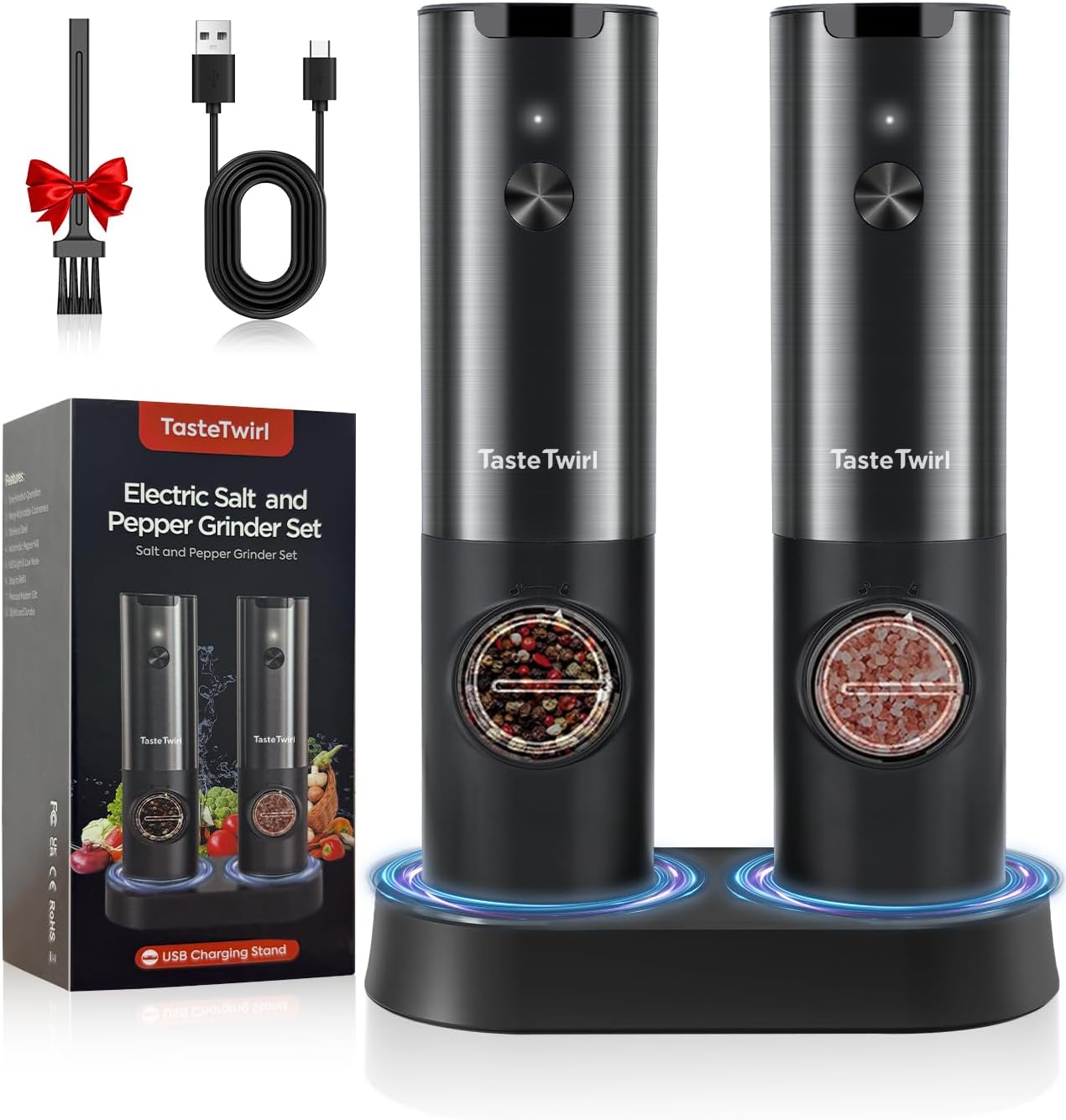 One-Handed Adjustable Coarseness Electric Salt Pepper Grinder Set