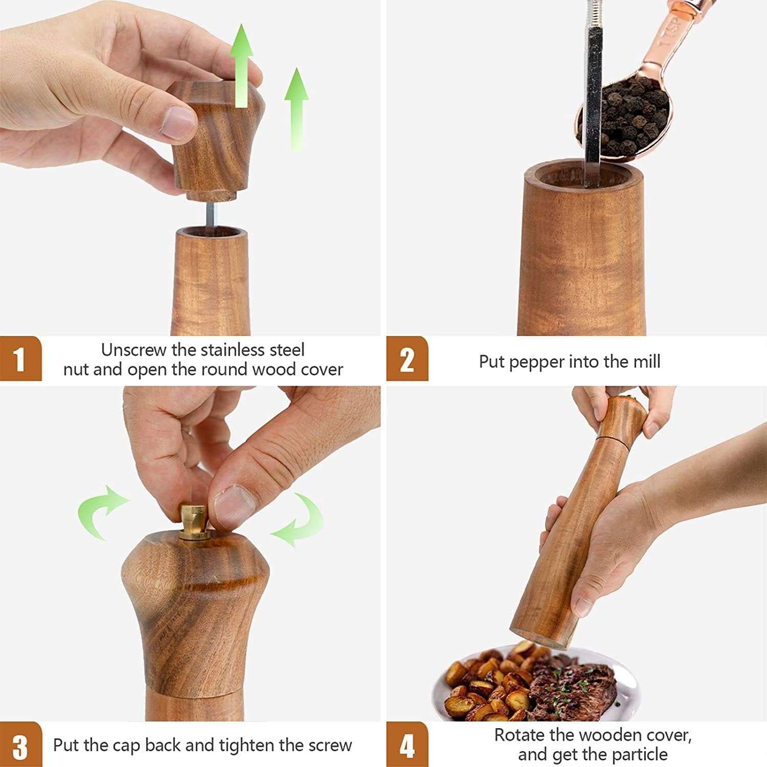 Elegant Acacia Wooden Salt Pepper Mill Set - Perfect Gift