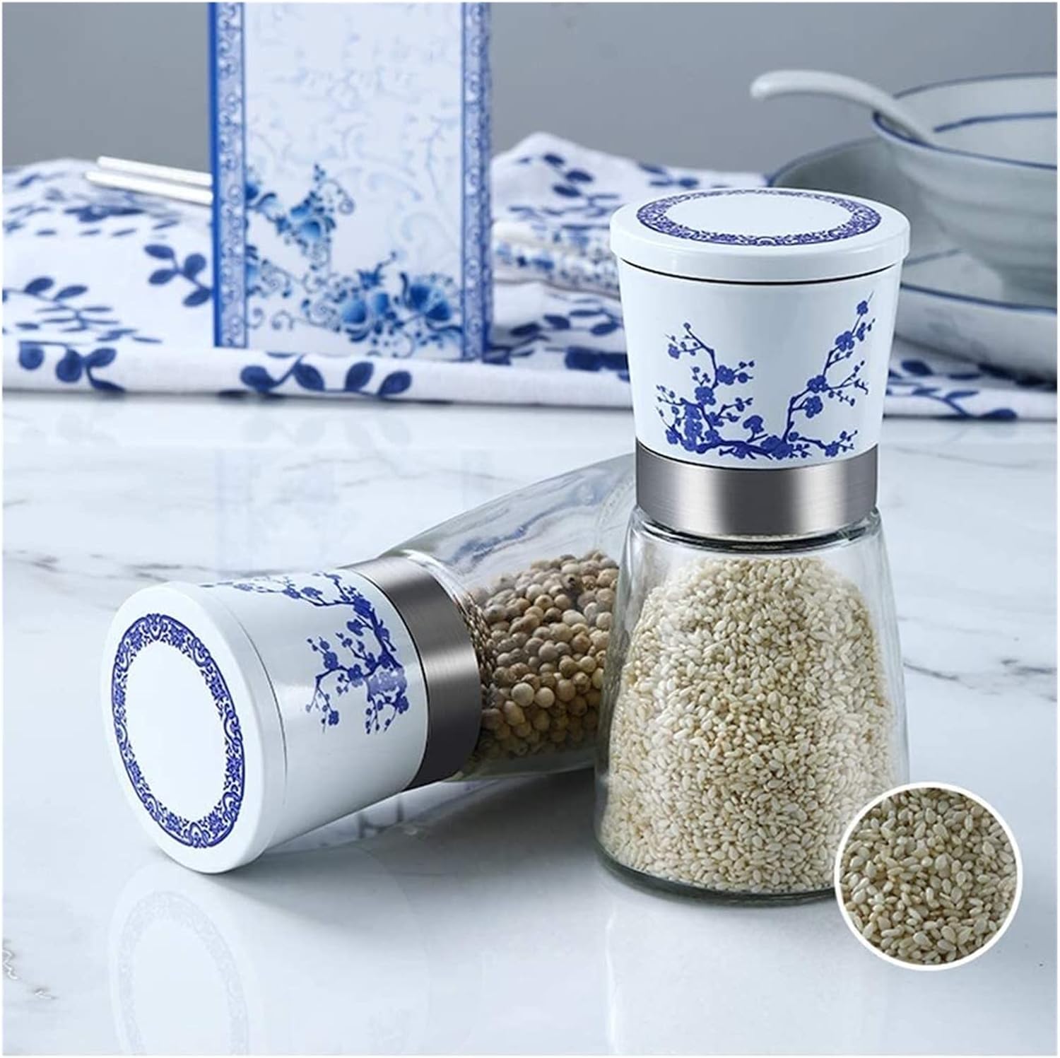 Refillable Salt Pepper Mill Set in Blue White Design for Kitchen Living