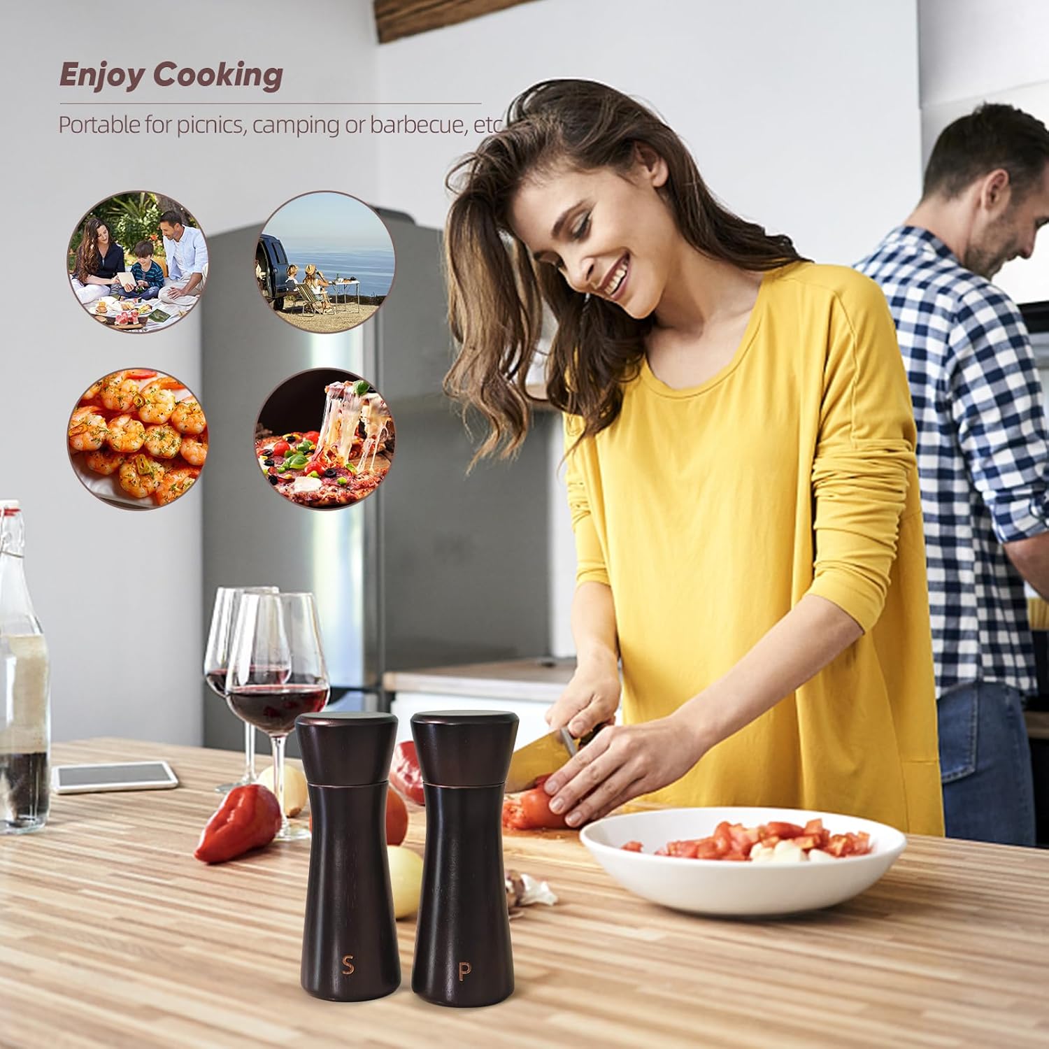 Dark Brown Wooden Salt Pepper Grinder Set - Adjustable Coarseness Ceramic 2-Pack