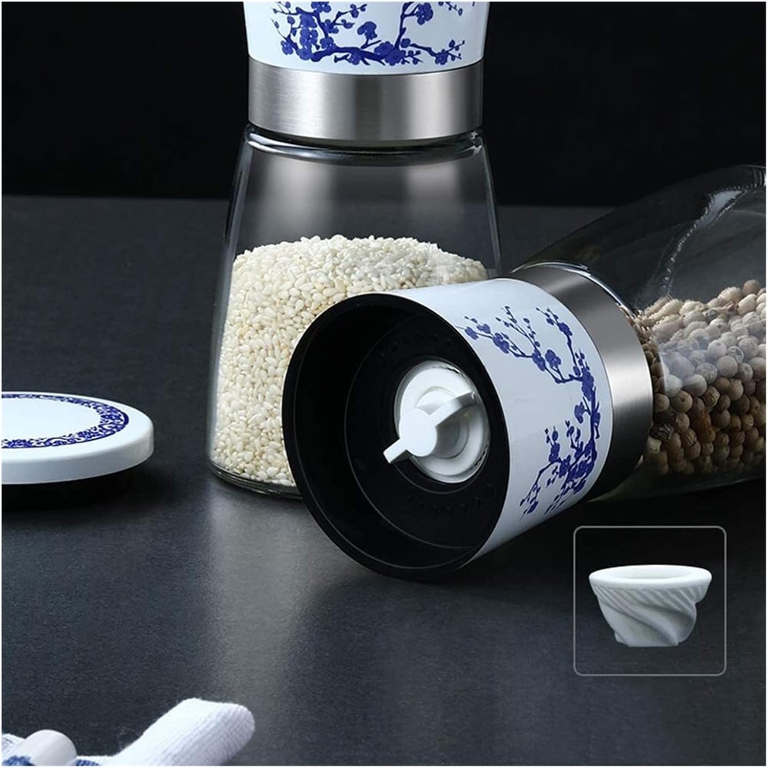 Refillable Salt Pepper Mill Set in Blue White Design for Kitchen Living