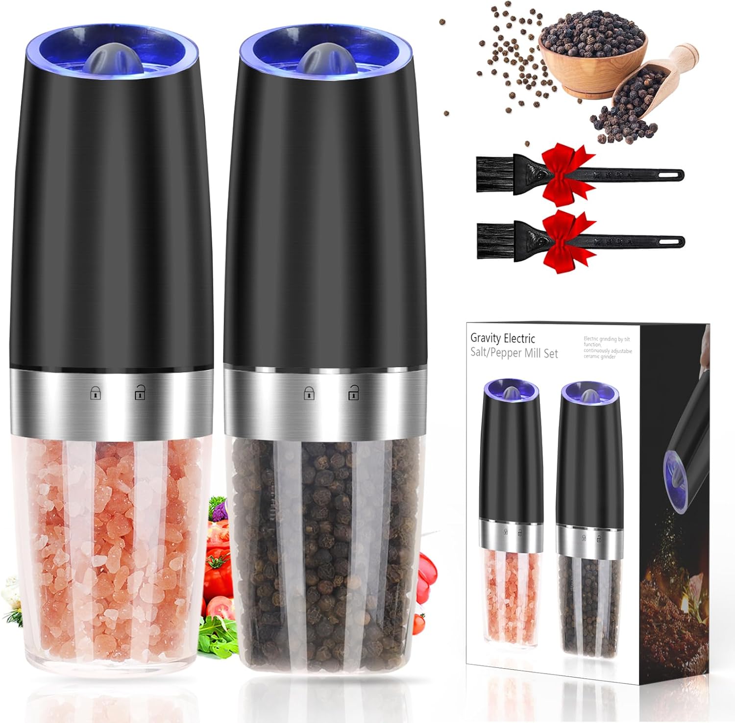 Powerful Automatic Electric Pepper and Salt Grinder Set 1 Black