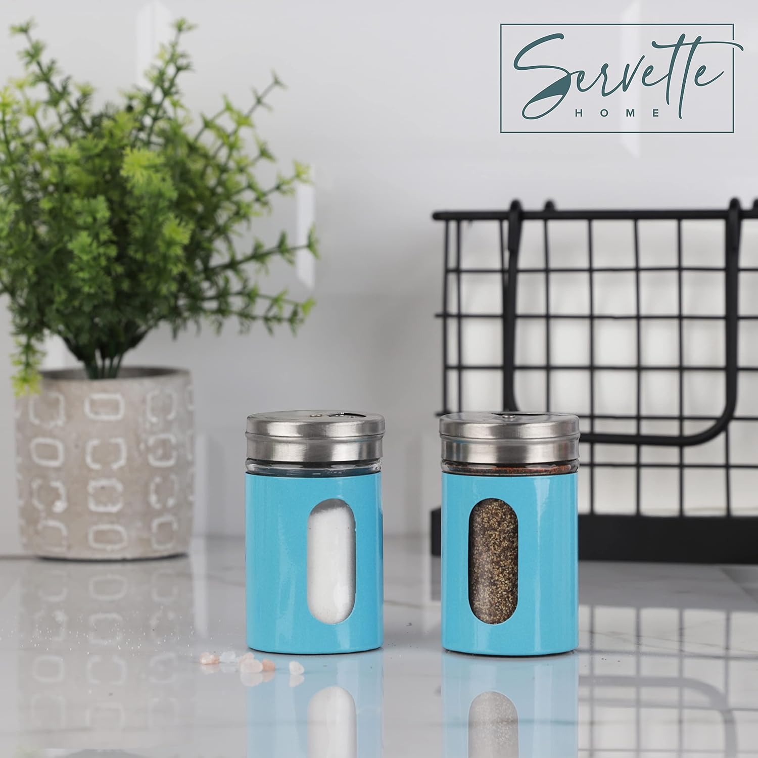 Aqua Salt Pepper Shakers Retro Spice Jars Glass - Set of 2