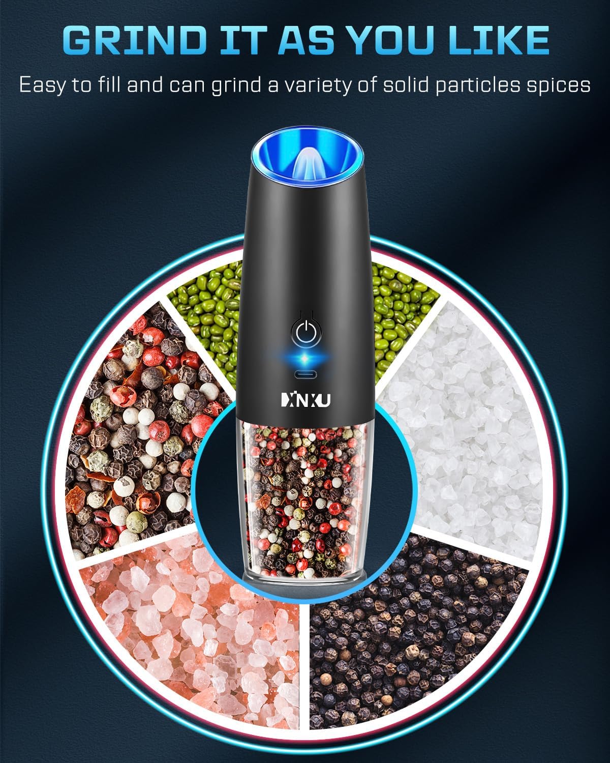 Reusable Electric Pepper Salt Grinder Set w LED Light