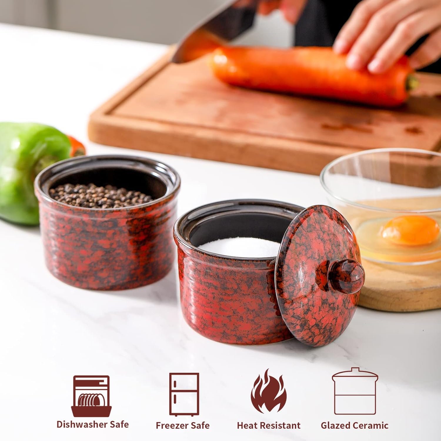 Hasense Salt Cellar Set of 2 Red Ceramic with Lid
