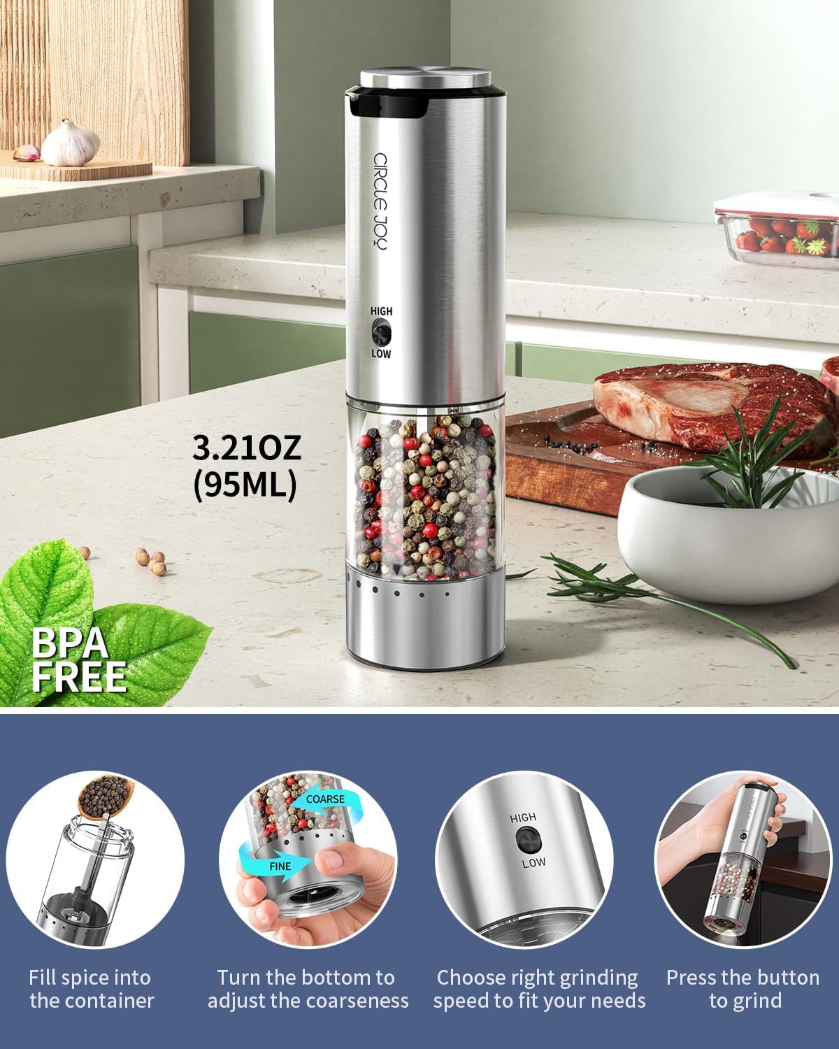 Stylish Stainless Steel Electric Pepper Grinder with Variable Speed White Light