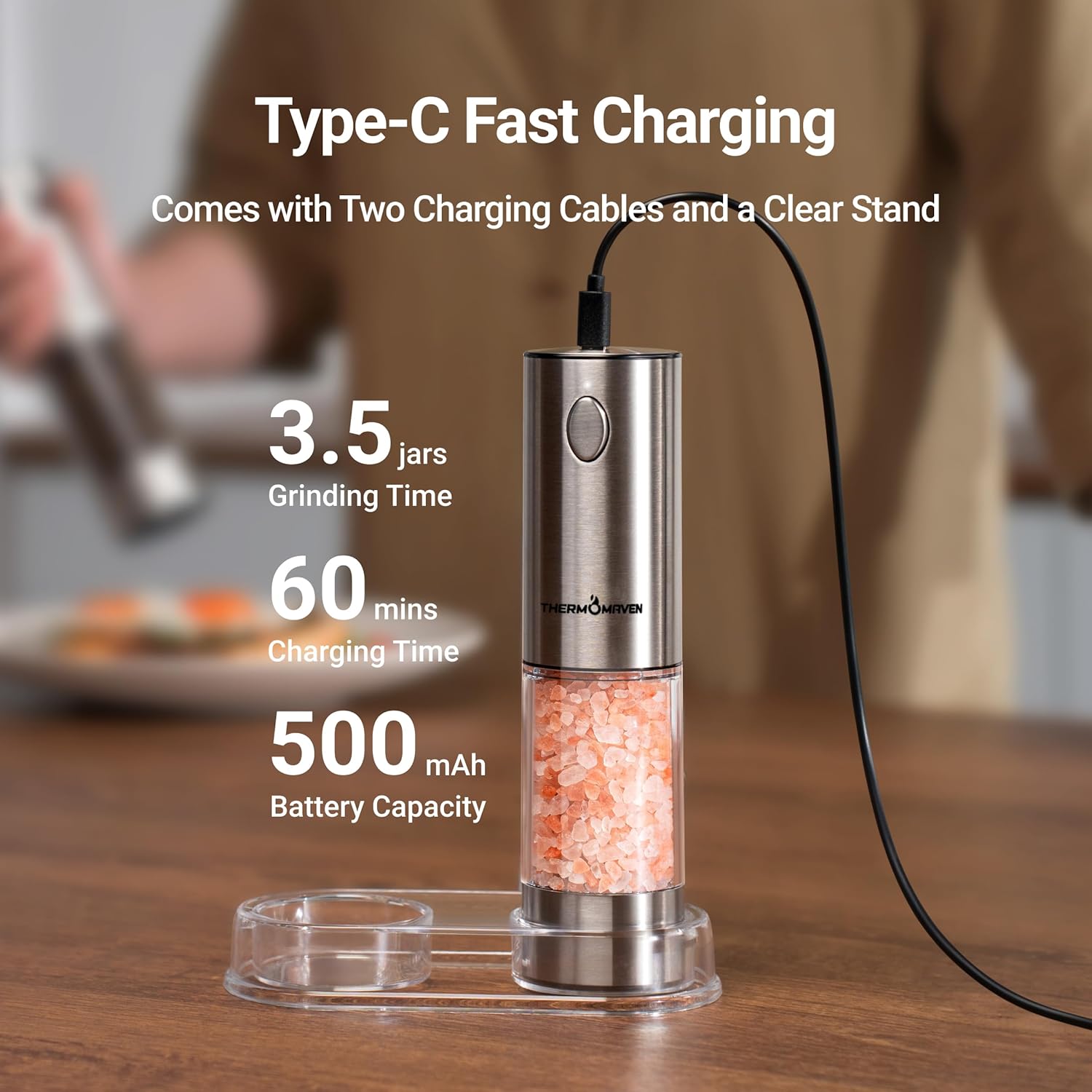 ThermoMaven Electric Salt Pepper Grinder Set 2 Packs Silver