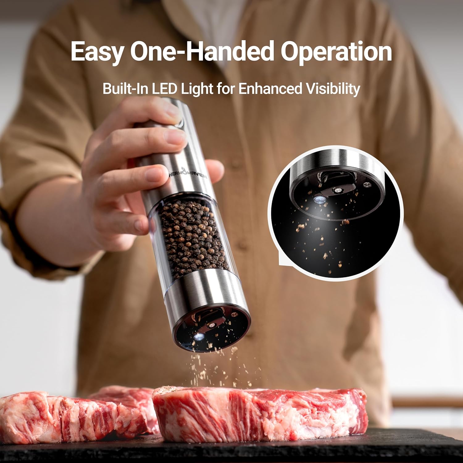 ThermoMaven Electric Salt Pepper Grinder Set 2 Packs Silver