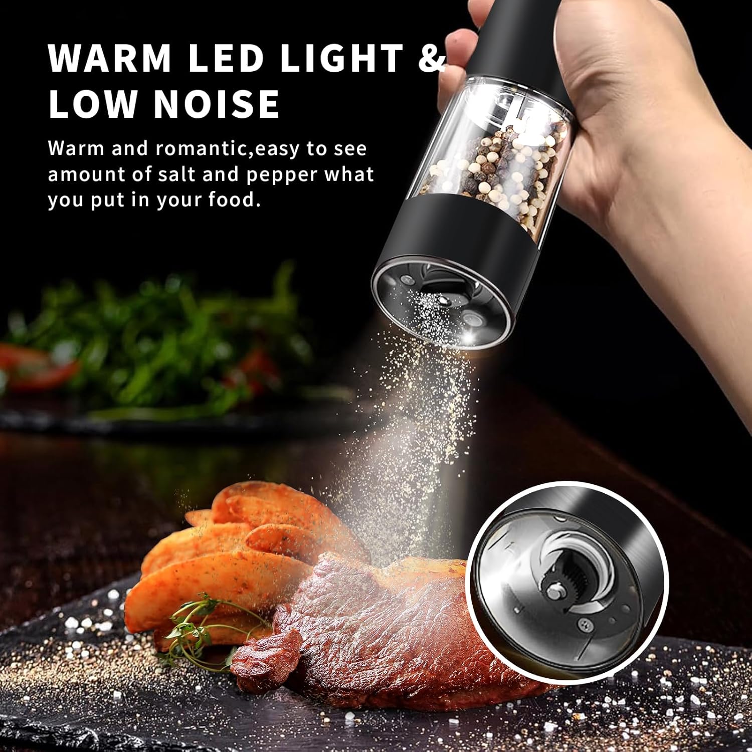 Haomacro Electric Salt Pepper Grinder Set with LED Light 5 Coarseness Levels Rechargeable