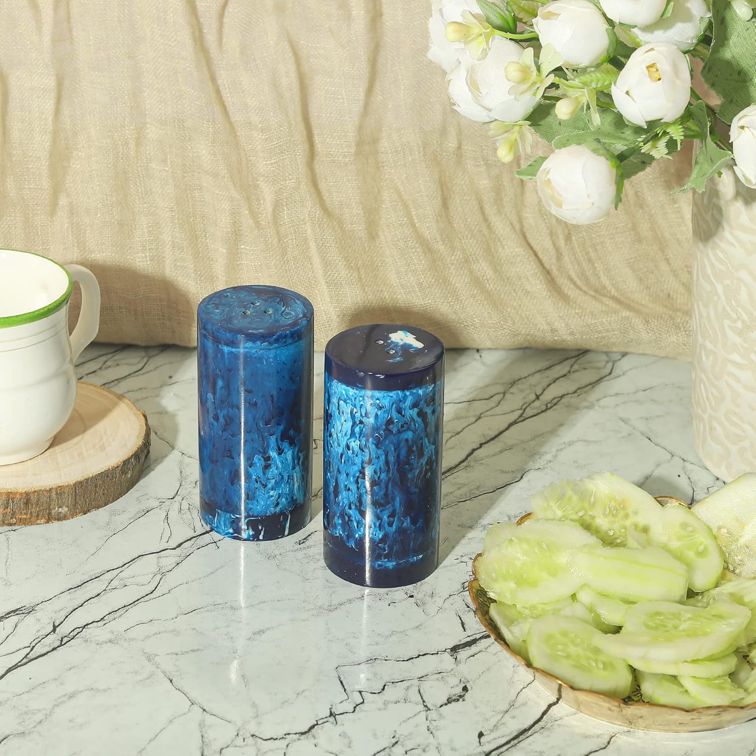 Natural Horn Salt and Pepper Shakers Set of 2 Blue