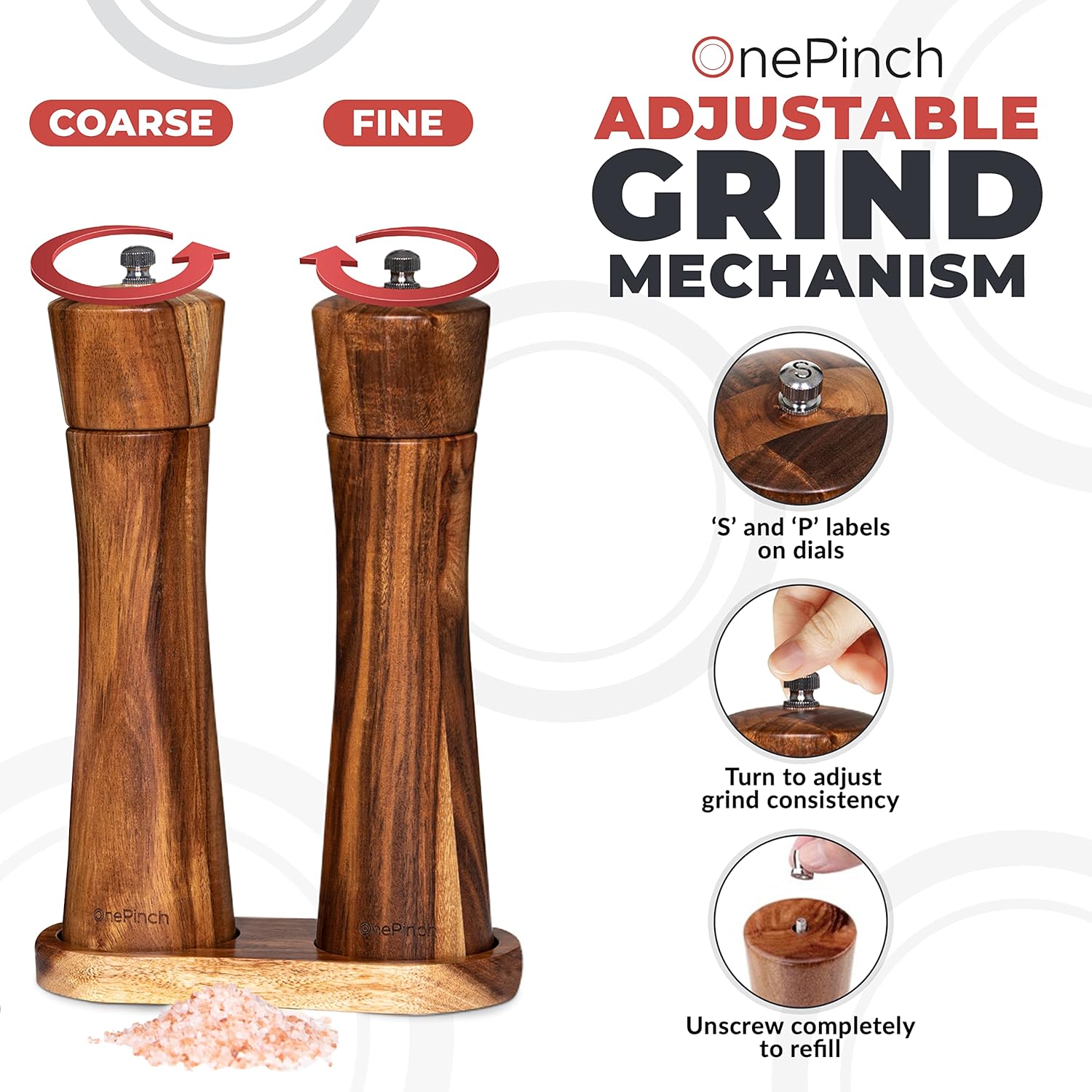 OnePinch Wooden Salt Pepper Grinder Set Acacia Wood