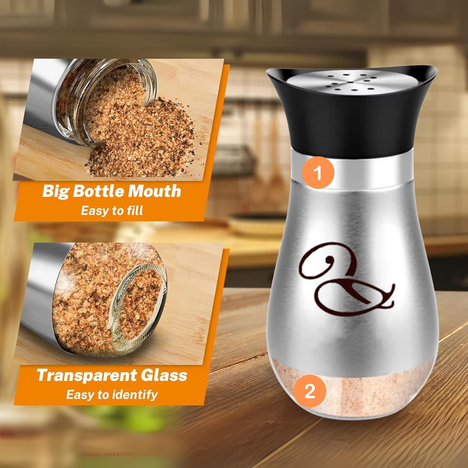 Chandler Salt and Pepper Set Stainless Steel Lid 4-ounce Glass Bottom