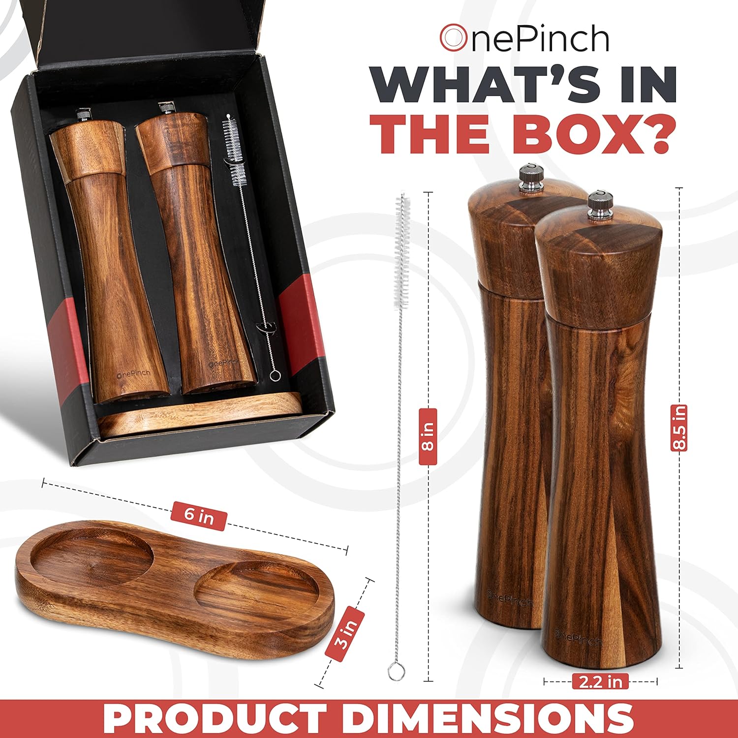 OnePinch Wooden Salt Pepper Grinder Set Acacia Wood