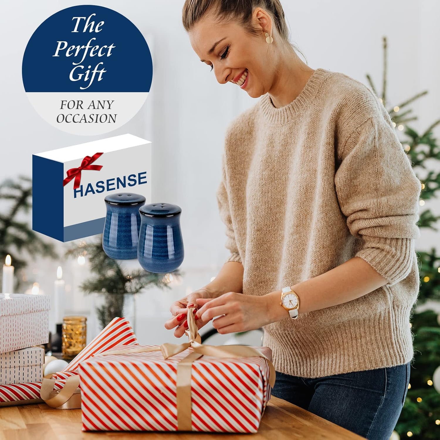 Hasense Ceramic Salt and Pepper Shakers Set of 2 Navy Farmhouse Style