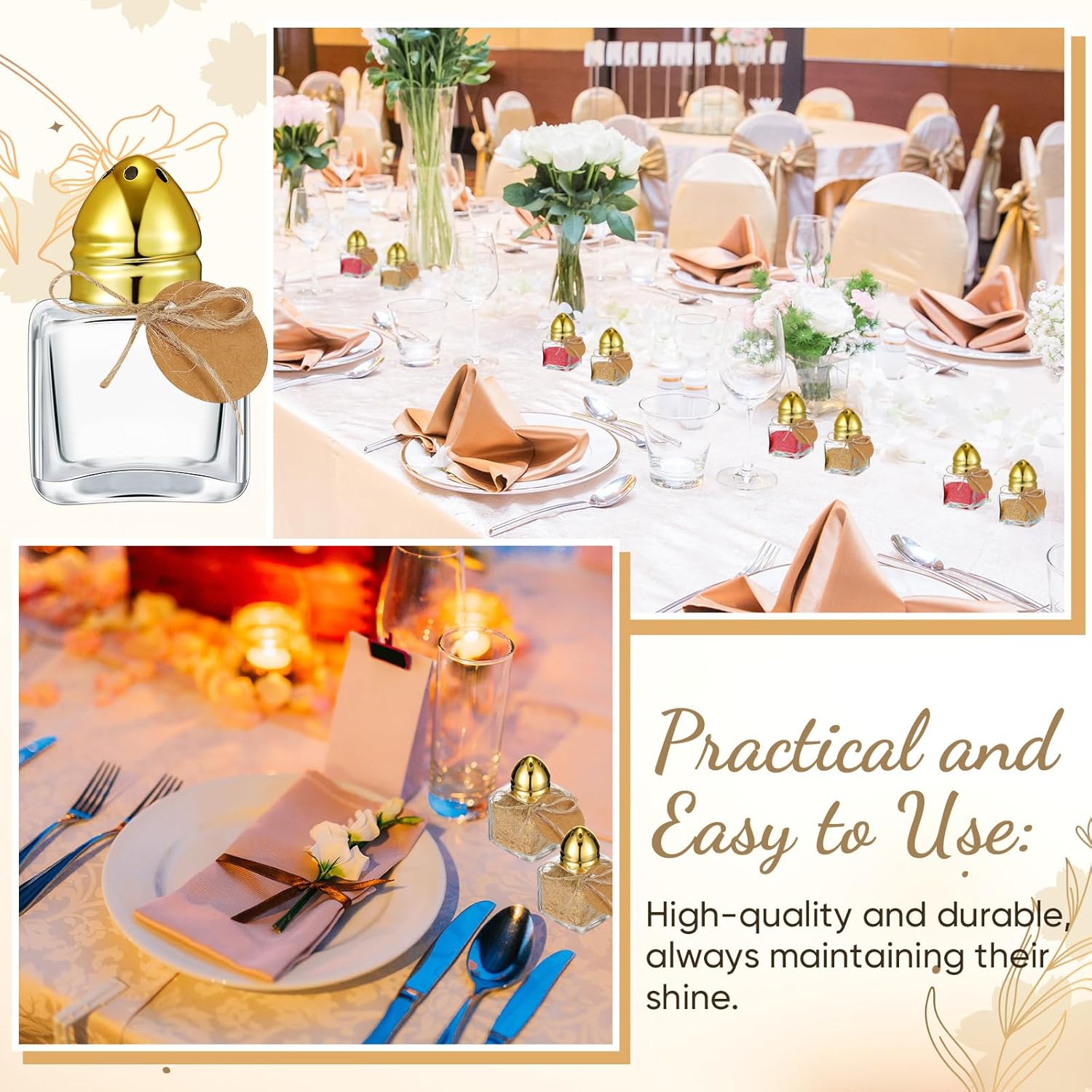 50-Piece Set Elegant Mini Salt Pepper Shakers with Gold Tops