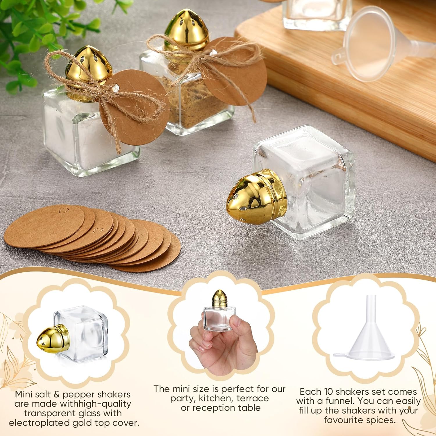 50-Piece Set Elegant Mini Salt Pepper Shakers with Gold Tops