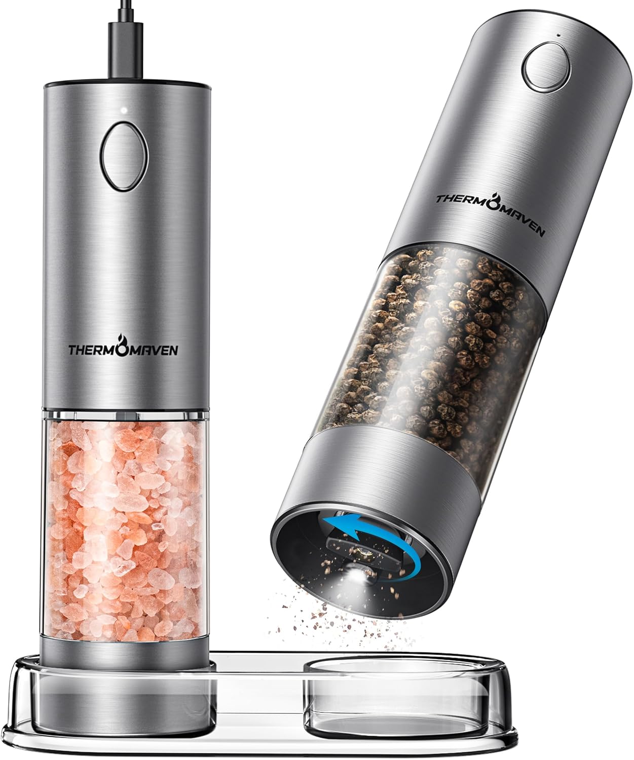 ThermoMaven Electric Salt Pepper Grinder Set 2 Packs Silver