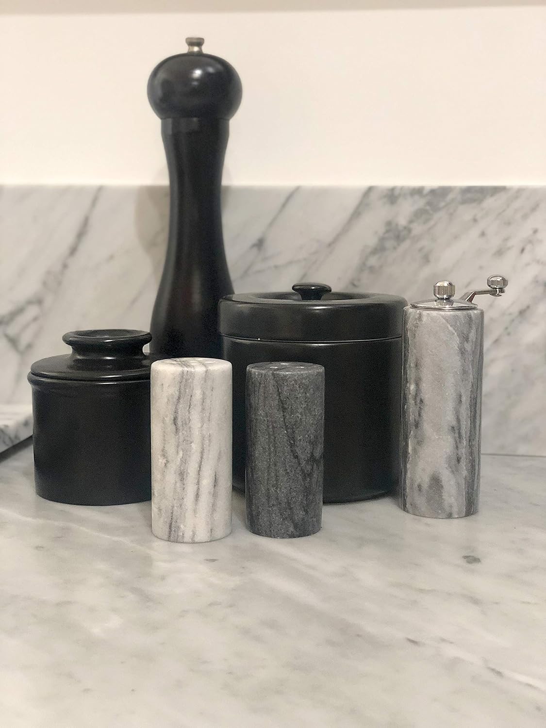 Fox Run White and Black Marble Salt Pepper Shakers Set of 2