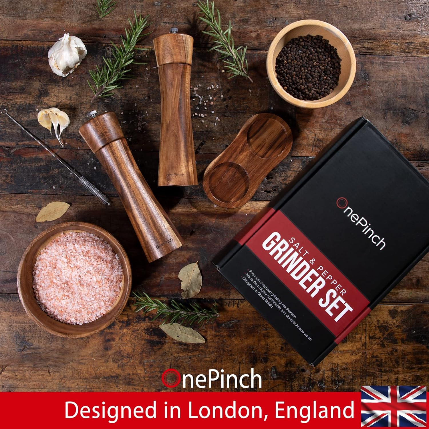 OnePinch Wooden Salt Pepper Grinder Set Acacia Wood